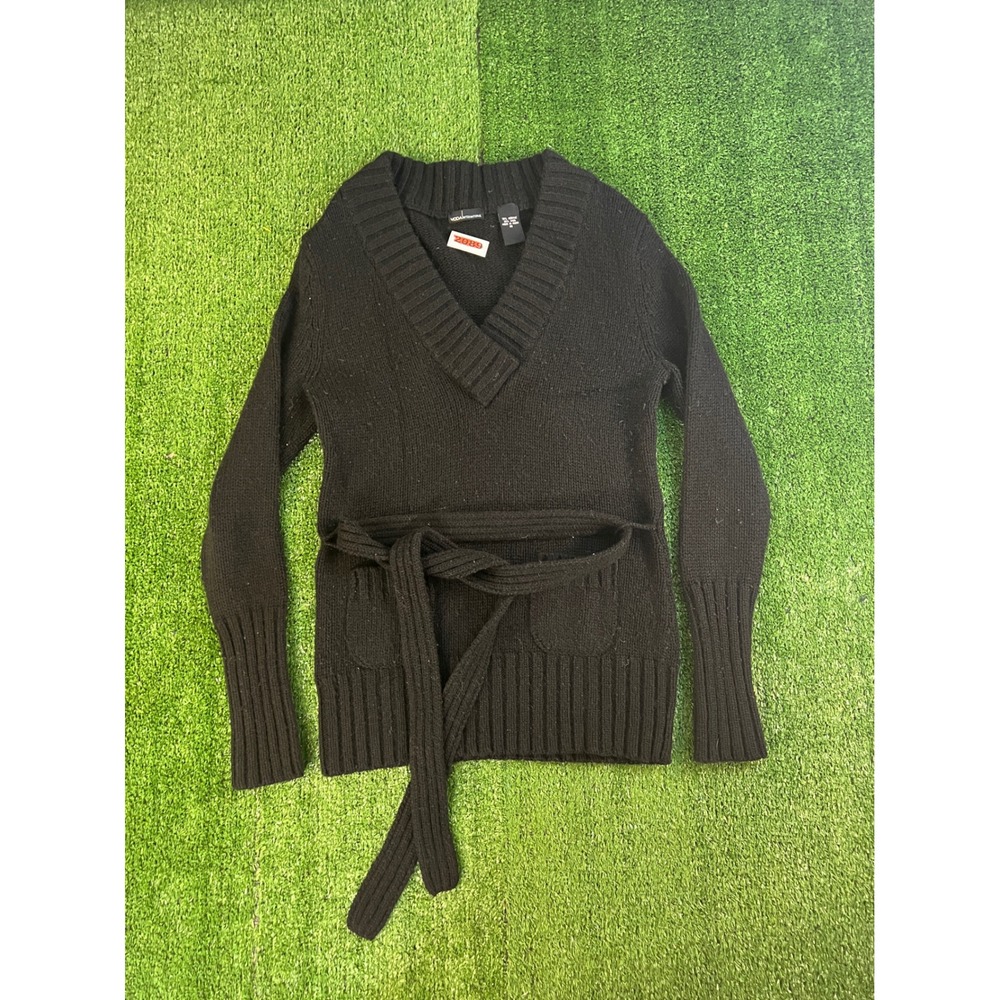 Moda International Womens Black Wool Blend V-Neck Tie Waist Wrap Sweater Medium